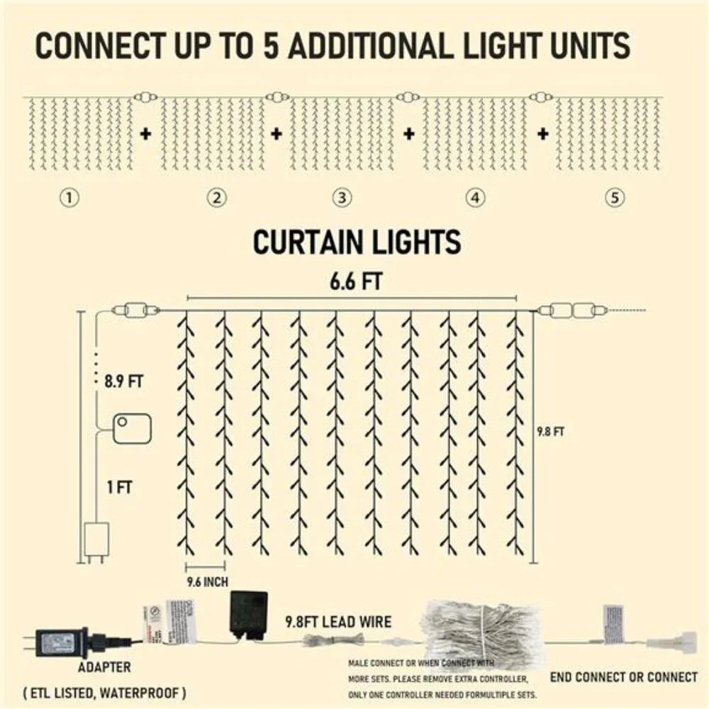 300 LED Curtain Fairy Lights Warm White String Hanging Window Wall Christmas